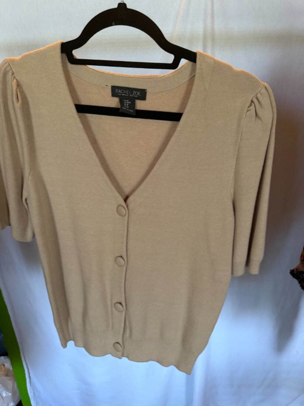 Rachel Zoe Tan Short Puff Sleeve Button Front Cardigan Sweater M